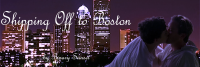 a banner showing Elio Perlman and Oliver from Call Me By Your Name kissing in front of the Cambridge landscape at night. The entire image is toned in purple. The text reads "Shipping Off to Boston by Binary_Sunset"